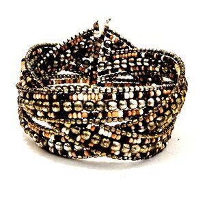 Wide Boho Brown Seed Beaded Braided Bali Cuff Statement Bracelet